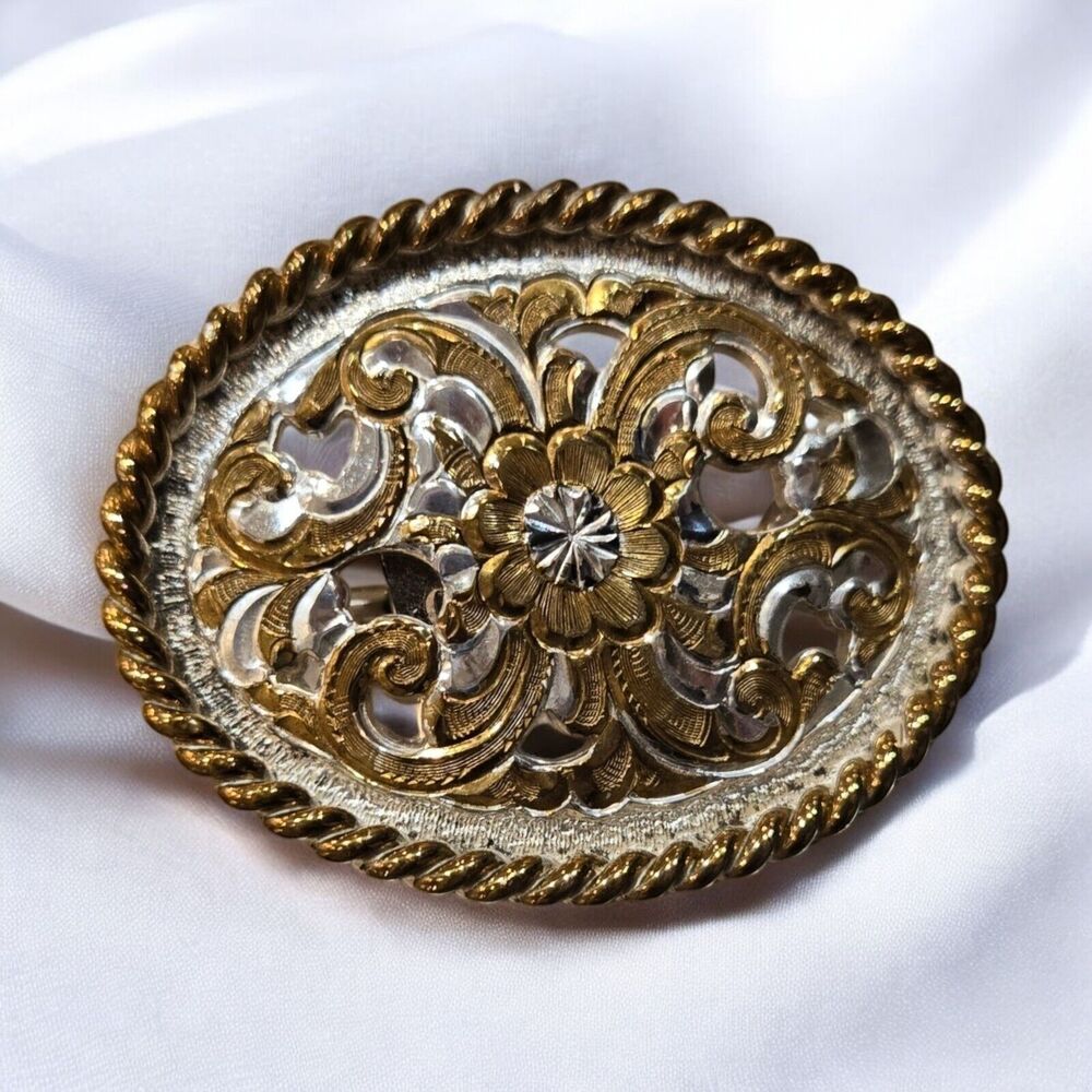 Vintage USA Western Crumrine Belt Buckle Heavy Silver Plate on Jeweler's Bronze